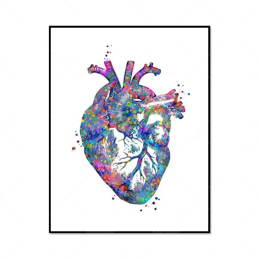 Cette image colorée représente le cœur humain, composé de motifs abstraits et de touches de couleurs vives, soulignant la complexité et la beauté de l'organe vital.