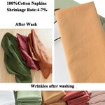 Une pile de serviettes en coton multicolores est affichée, avec des informations sur leur résistance au rétrécissement après lavage.