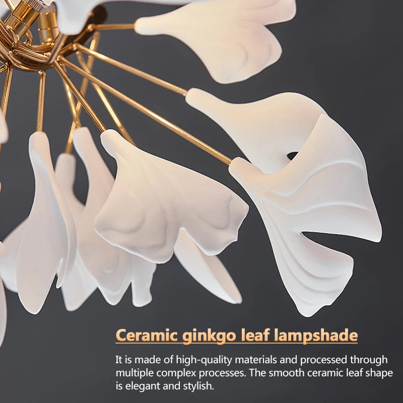 lampe suspendue feuilles gingko blanc doré contemporaine élégante salon chambre lumière chaînes porcelainière