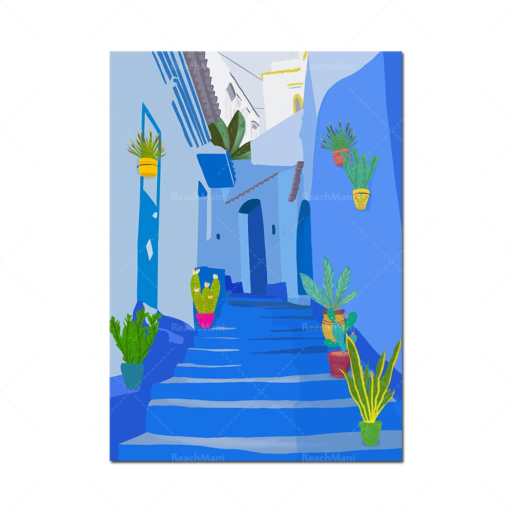 Escaliers bleus entourés de plantes tropicales et d'éléments architecturaux stylisés dans un paysage urbain coloré.