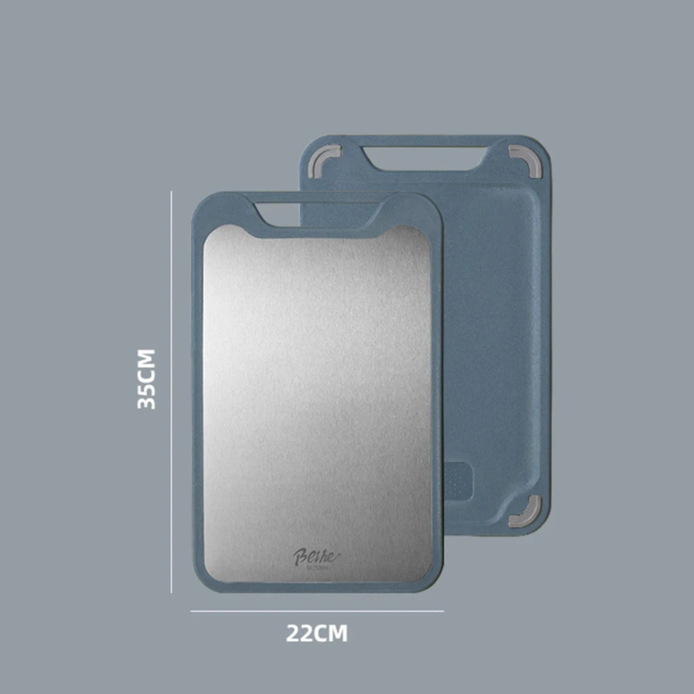 planches découper acier inoxydable moderne 22cm 35cm poignées intégrées vert clair gris métallisé