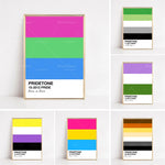 Un ensemble de six affiches colorées présentant les thèmes des fiertés de différentes années, indiquant les couleurs représentatives de chaque édition.