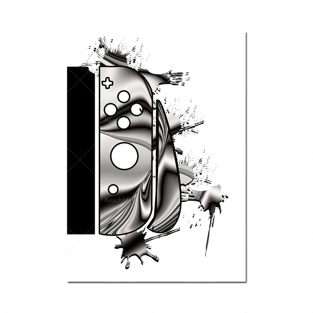 Contrôleur de jeu moderne à la surface brillante et aux boutons distinctifs, entouré d'éclaboussures de peinture noire et blanche dans un style abstrait dynamique.