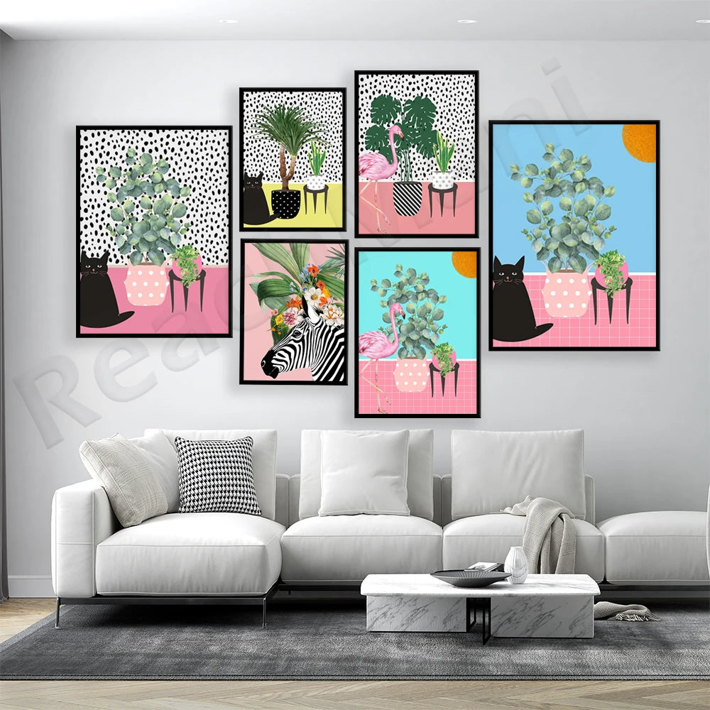 Une collection d'illustrations botaniques aux tons pastel et aux motifs graphiques, créant une ambiance chaleureuse et décorative dans le salon.