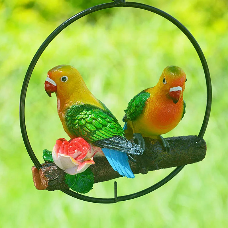 décoration extérieure oiseau suspendu perroquet plumage coloré anneau métallique jardin fleurs artificiellesbranches