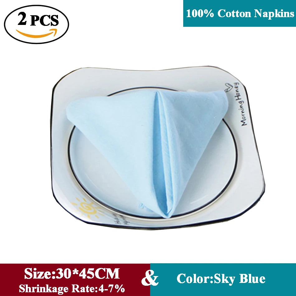 Lot de 2 serviettes en coton bleu ciel de haute qualité, de taille 30 x 45 cm avec un taux de rétrécissement de 4 à 7 %.