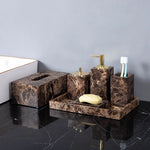 ensemble salle bain marbre brun distributeur savon porte brosse dents boîte mouchoirs