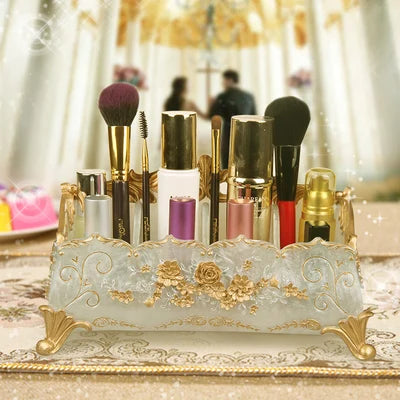 organisateur maquillage réutilisable résine fleurée classique beige doré rose bleu