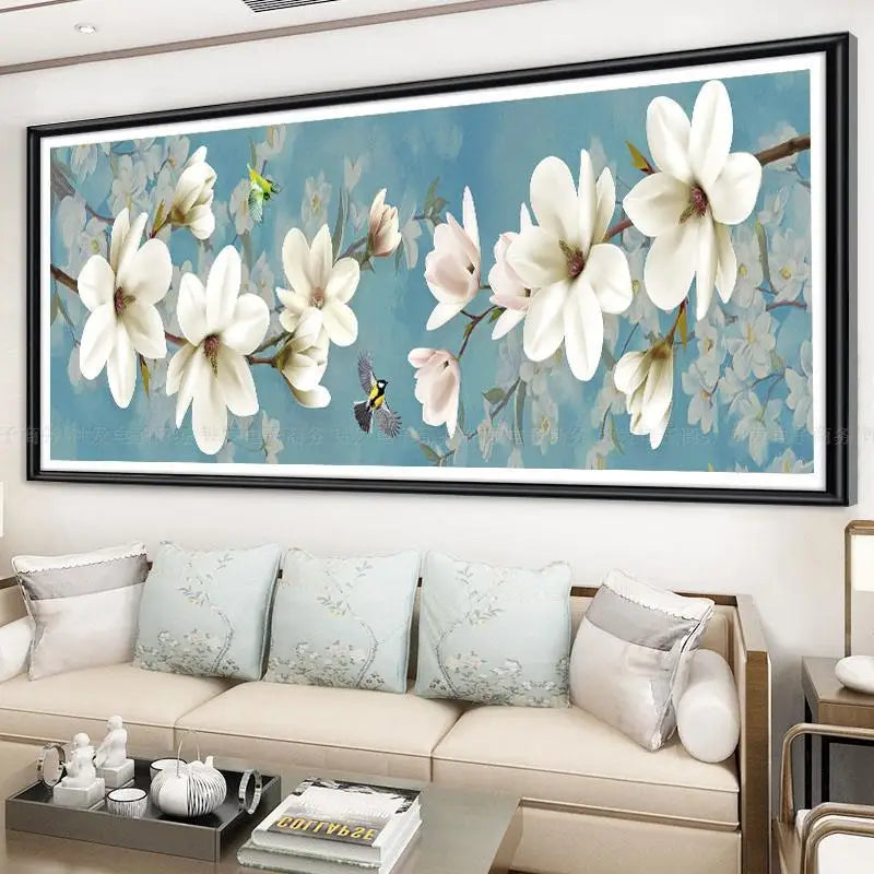 toile d'embroiderie imprimée fleurs blanches roses papillons art floral moderne coton bleu clair blanc