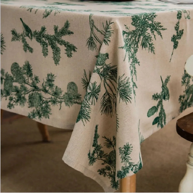nappe lin verte imprimée branches feuilles classique rustique mariage maison festive