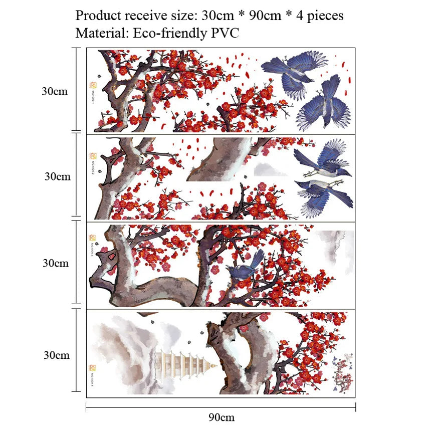 sticker mural traditionnel japonais fleurs cerisier oiseaux pagode nuages rouge gris bleu blanc adhésif