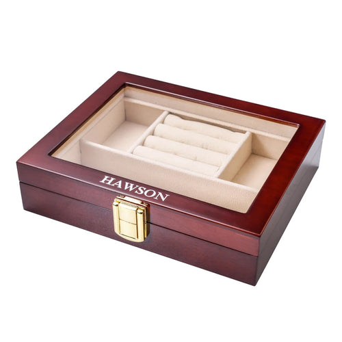boîte bijoux bois foncé velours intérieur classique poignées dorées portable pliante 18.5x15x4.5cm