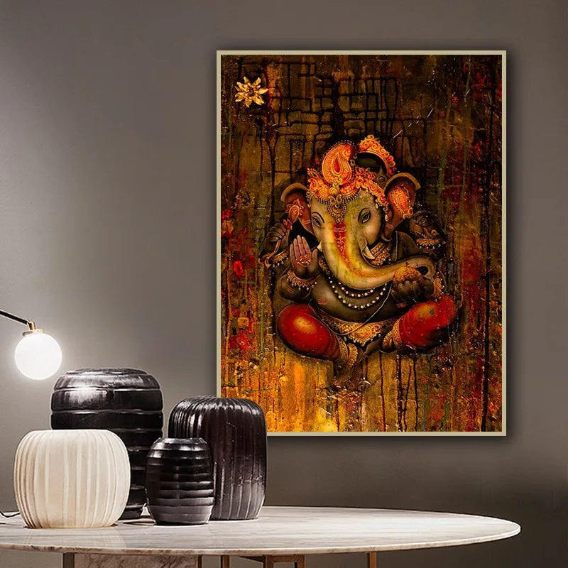 peinture toile religieuse thème hindou animal multicolore détails floraux art contemporain cadre miroir sans