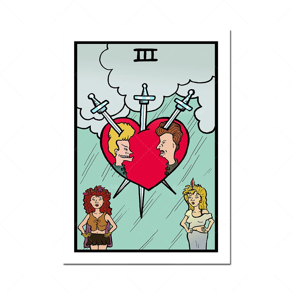 Illustration de deux personnages de bande dessinée de profil, un garçon et une fille, entourant un cœur rouge transpercé par trois épées, sur un fond vert avec des nuages.