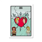 Illustration de deux personnages de bande dessinée de profil, un garçon et une fille, entourant un cœur rouge transpercé par trois épées, sur un fond vert avec des nuages.