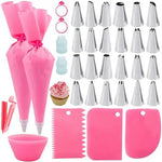 ensemble pâtisserie embouts coniques sacs pâte rose bleu grattoirs brosses nettoyage outils boulangerie