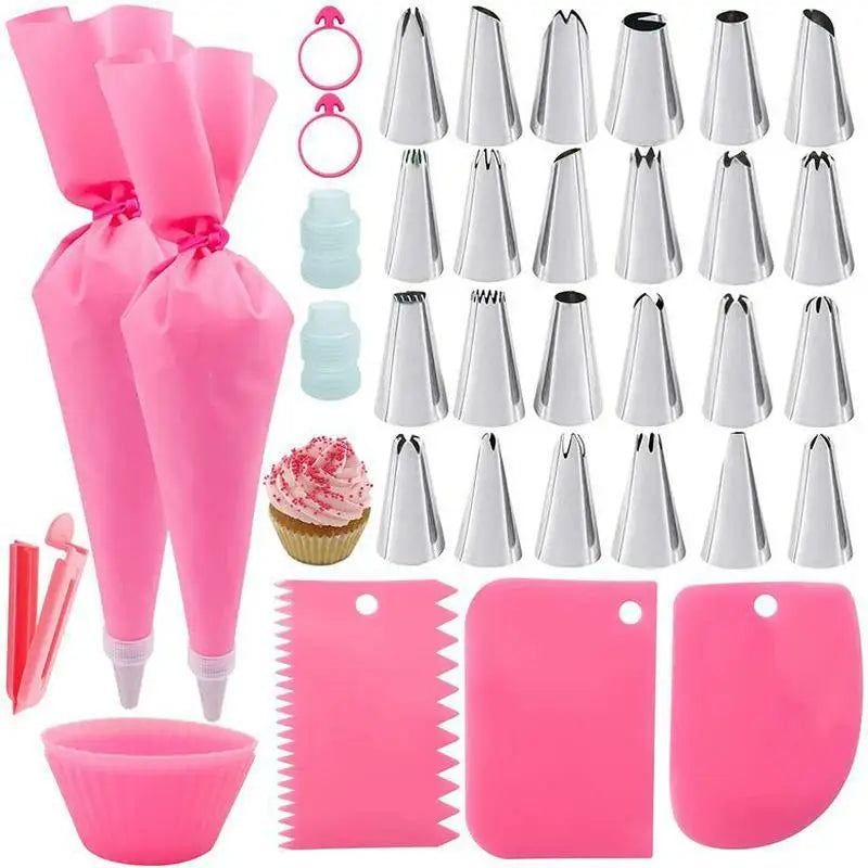 ensemble pâtisserie embouts coniques sacs pâte rose bleu grattoirs brosses nettoyage outils boulangerie