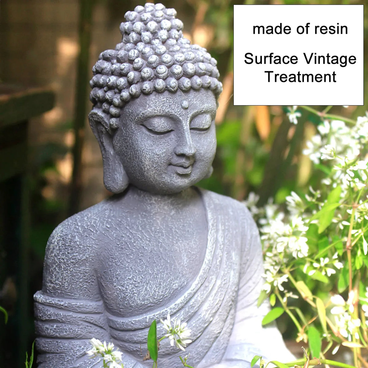 statue bouddha résine gris clair vintage zen jardin intérieur décorationextérieur texturé asie