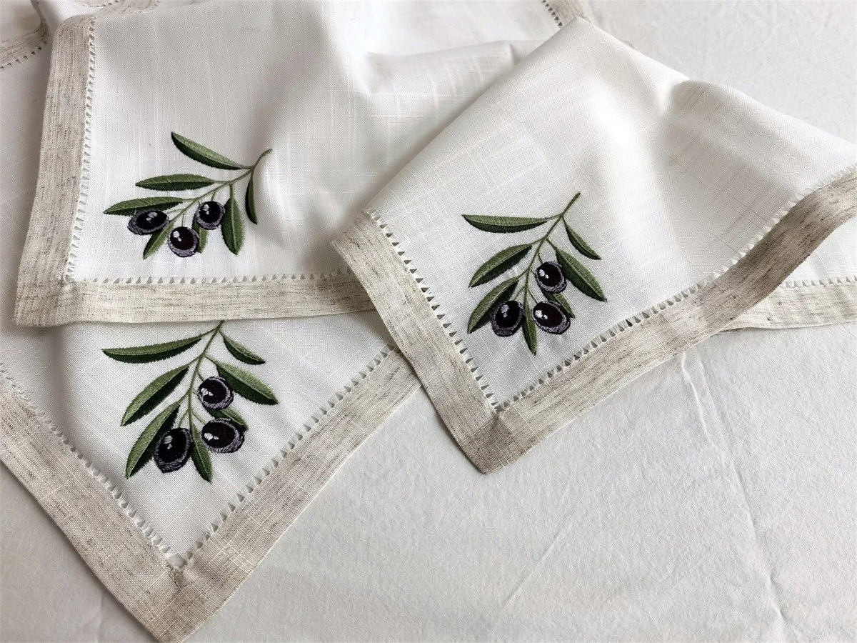 serviettes brodées olivier motifs festonnés rustique coton polyester table manger decoration cadeau