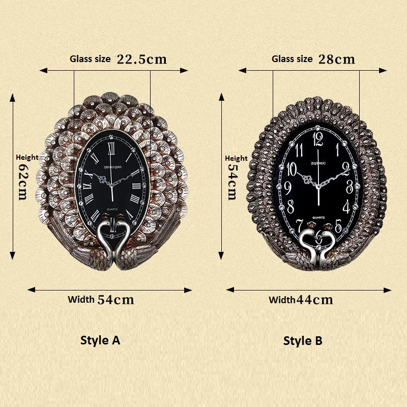 horloge murale art déco plumes paon strass solaire résine noir argenté unique