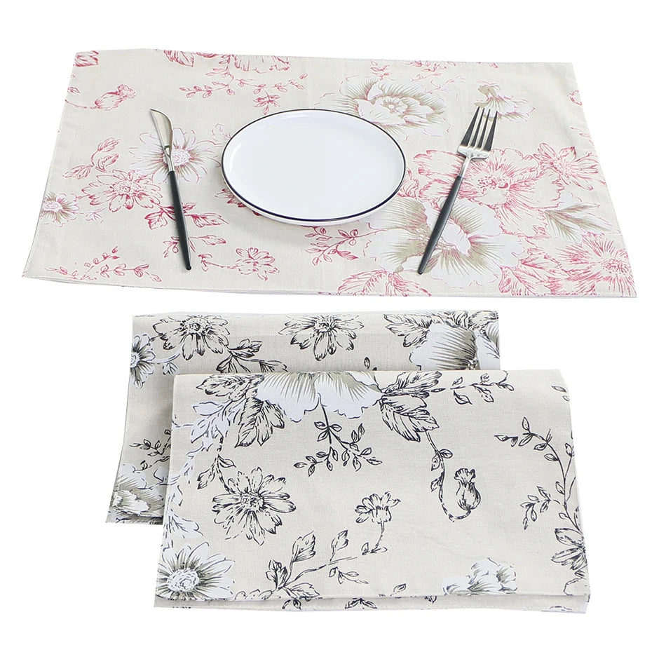 serviettes table rectangulaires coton polyester fleurées beige noir rose clair farmhouse vintage respectueux environnement