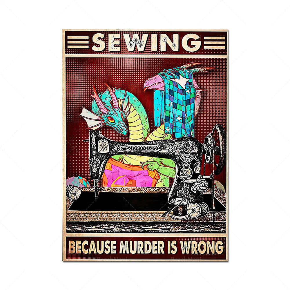 Cette affiche met en scène une machine à coudre ornée de motifs colorés et de formes géométriques, avec un message indiquant que l'homicide est moralement répréhensible.