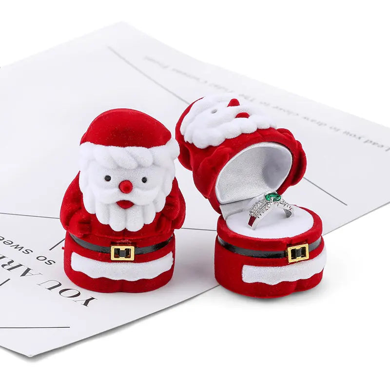boîte bijoux noël père noël bonhomme neige rouge blanche velours festive peluche anneaux