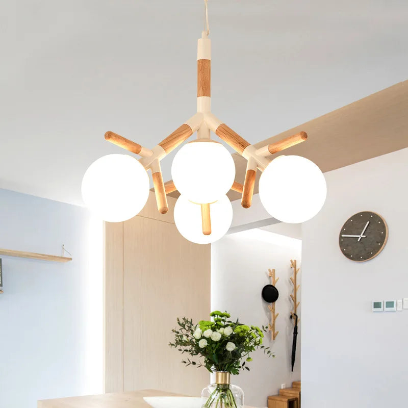 lampe suspendue moderne blanc bois sphères opaques scandinave chaines métallique