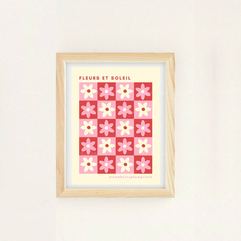 Une affiche de style graphique avec des fleurs stylisées dans des tons de rose et de rouge, créant une mosaïque lumineuse et joyeuse.