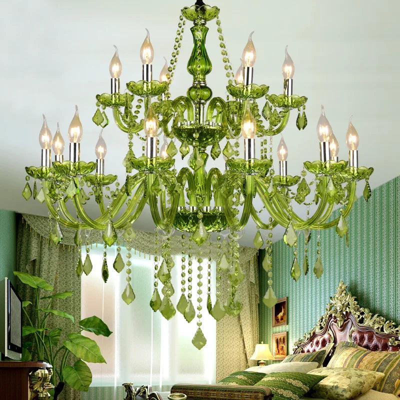 lustre vert olive cristal pendeloques goutte classique 58x60cm suspension chambre salon