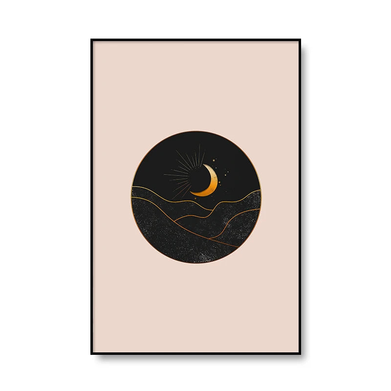 Une nuit étoilée avec une lune crissante se reflète sur un paysage de collines ondulantes.