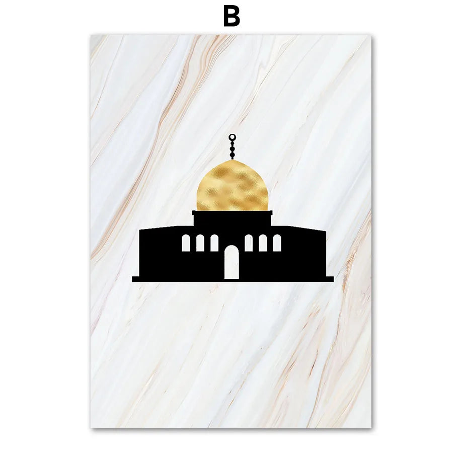 Illustration d'une silhouette de mosquée dorée sur un fond marbré blanc et beige.