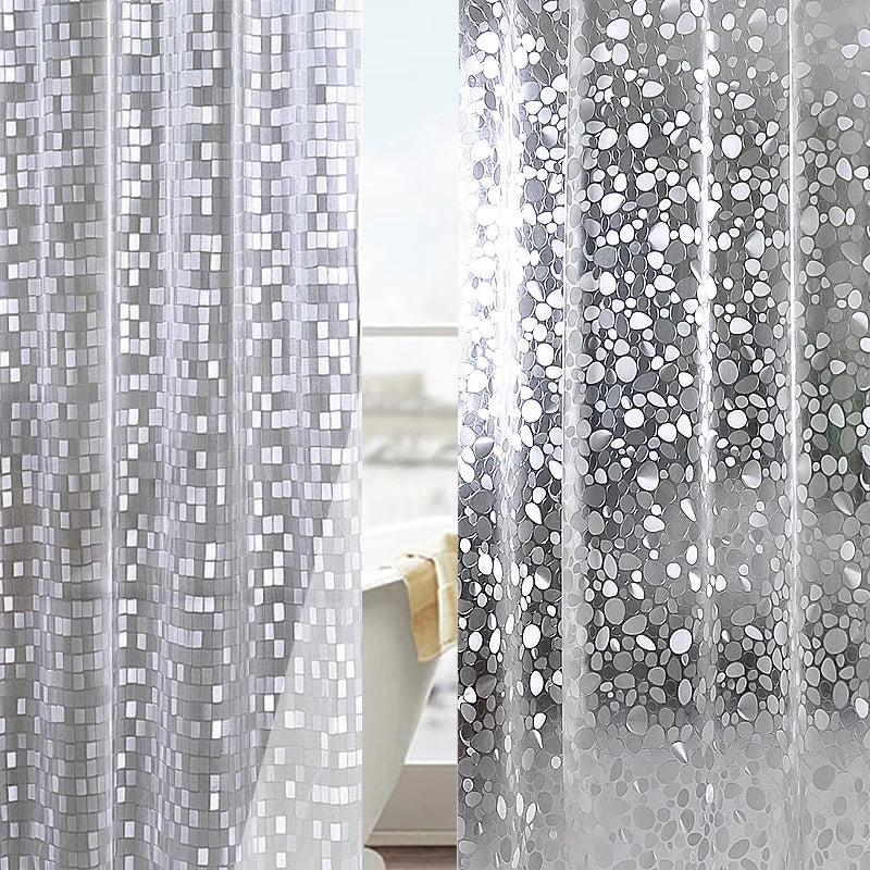 rideau douche moderne transparent gris clair blanc motifs géométriques anneaux métalliques respectueux environnement