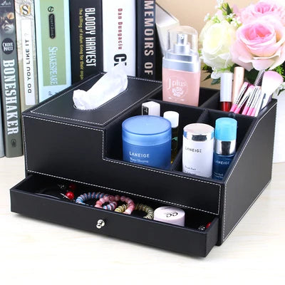 boîte rangement simili cuir noir poignée métallique moderne trousses maquillage produits cosmétiques pinceaux bijoux