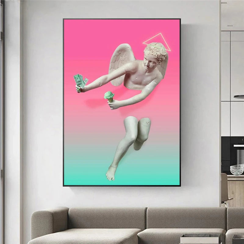 toile d'art moderne ange rose bleu blanc statue géométrique pop art