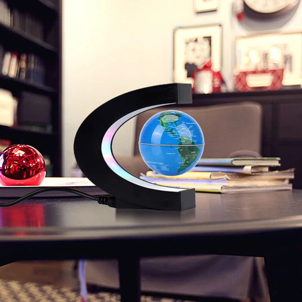 globe lévitation magnétique base lumineuse carte monde décoration moderne bleu vert