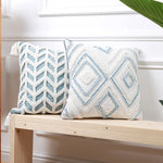 coussin decoratif bleu blanc motif geometrique moderne boho chic amovible lavable tassel adhésif coton