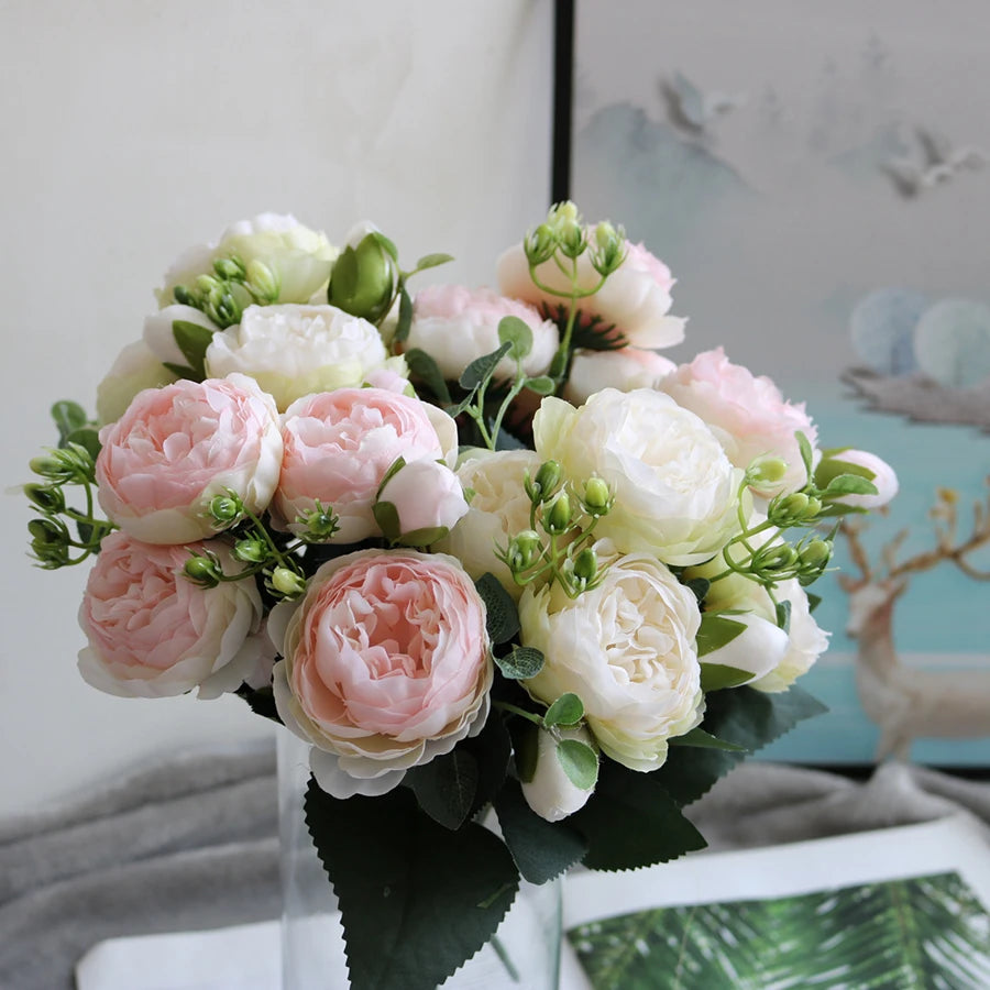 bouquets fleurs artificielles rose blanc lilas vert vases transparents blancsextérieur mariage décoration chambre salon