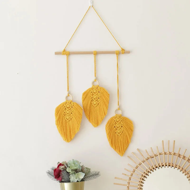 décoration murale boho feuilles brodées franges gris blanc jaune rose marron opacité trois pièces