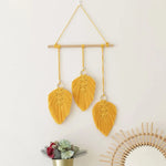 décoration murale boho feuilles brodées franges gris blanc jaune rose marron opacité trois pièces