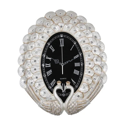 horloge murale art déco plumes paon strass solaire résine noir argenté unique