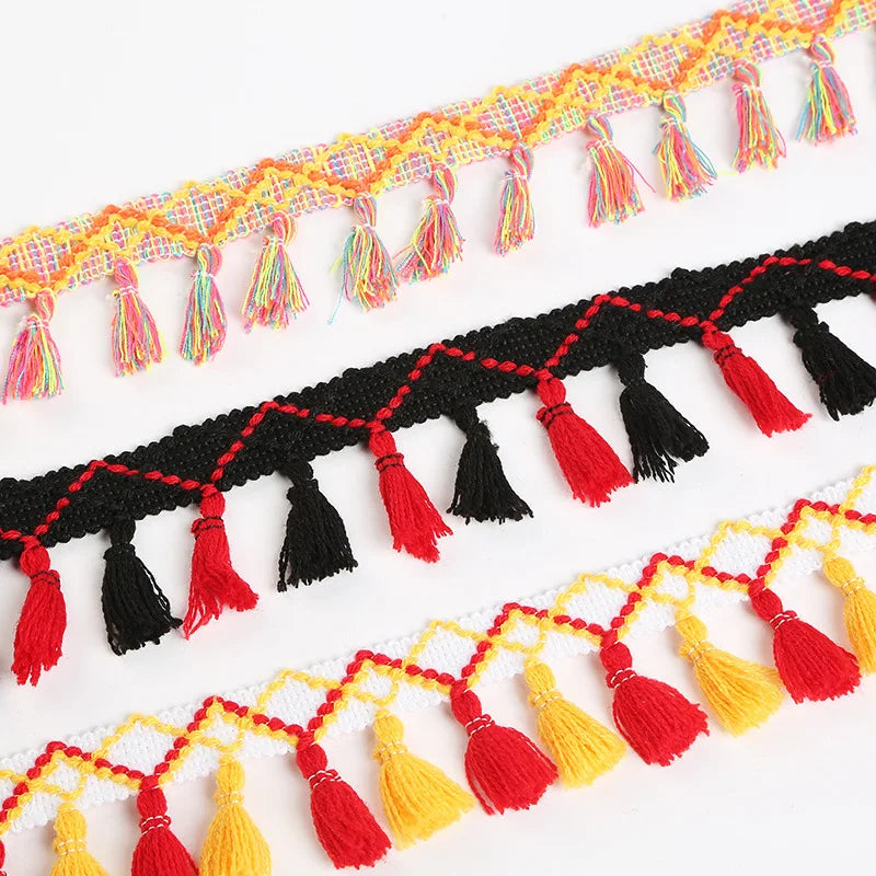 ruban pompons boho chic orange rose bleu noir blanc rouge diamants géométriques 100 polyester