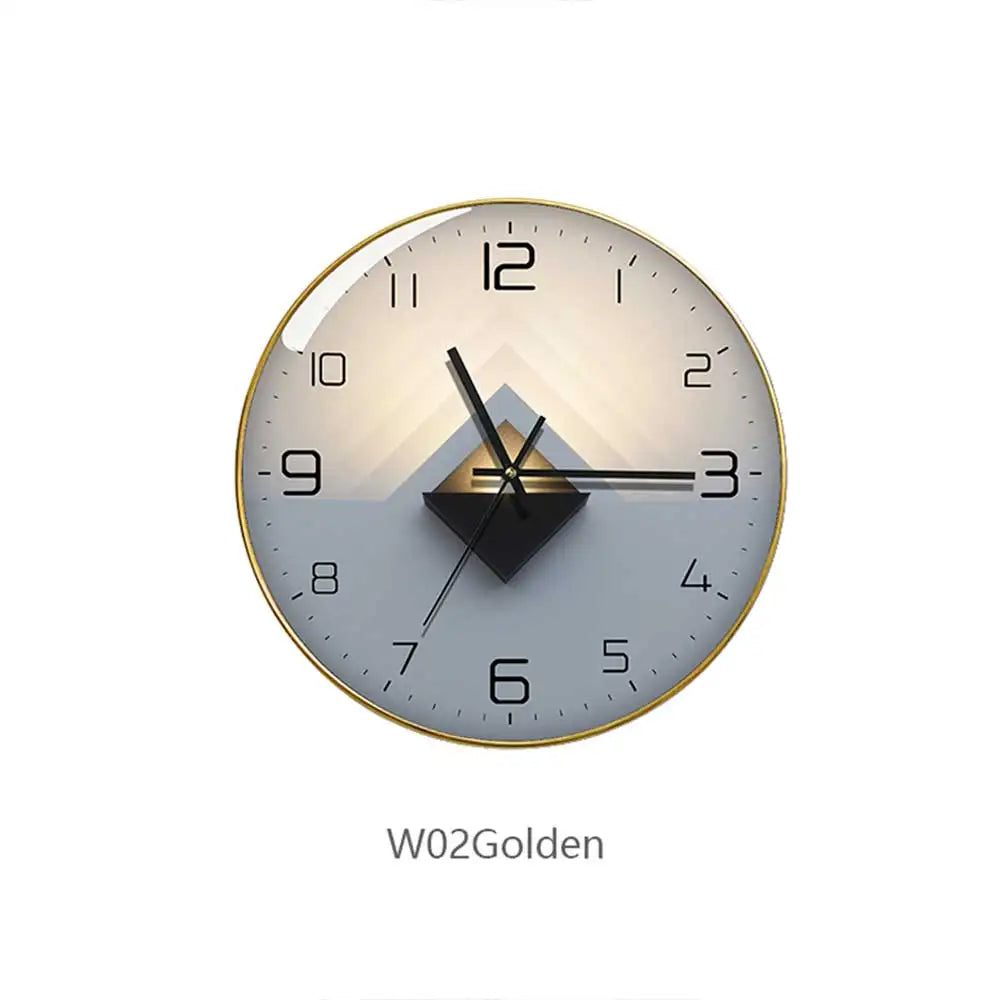horloge murale moderne abstraite géométrique unique verre transparent aiguille quartz or gris bleu marine