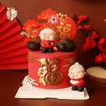 décoration gâteau anniversaire mariage retraite thème festif personnages chinois théière fleurs rouges motifs traditionnels
