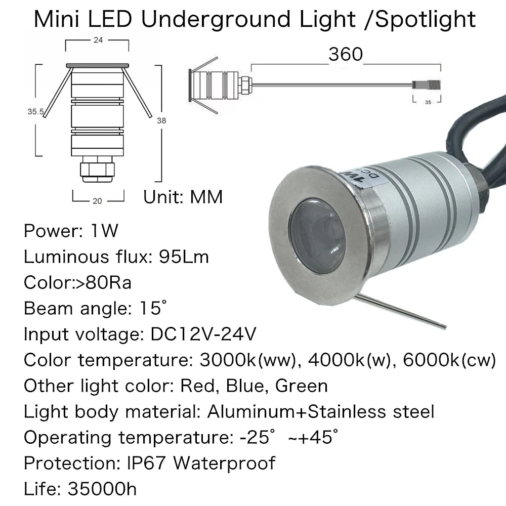 Spotlight LED sous sol argenté moderne IP67 12V 1W 6000K 4000K 3000K