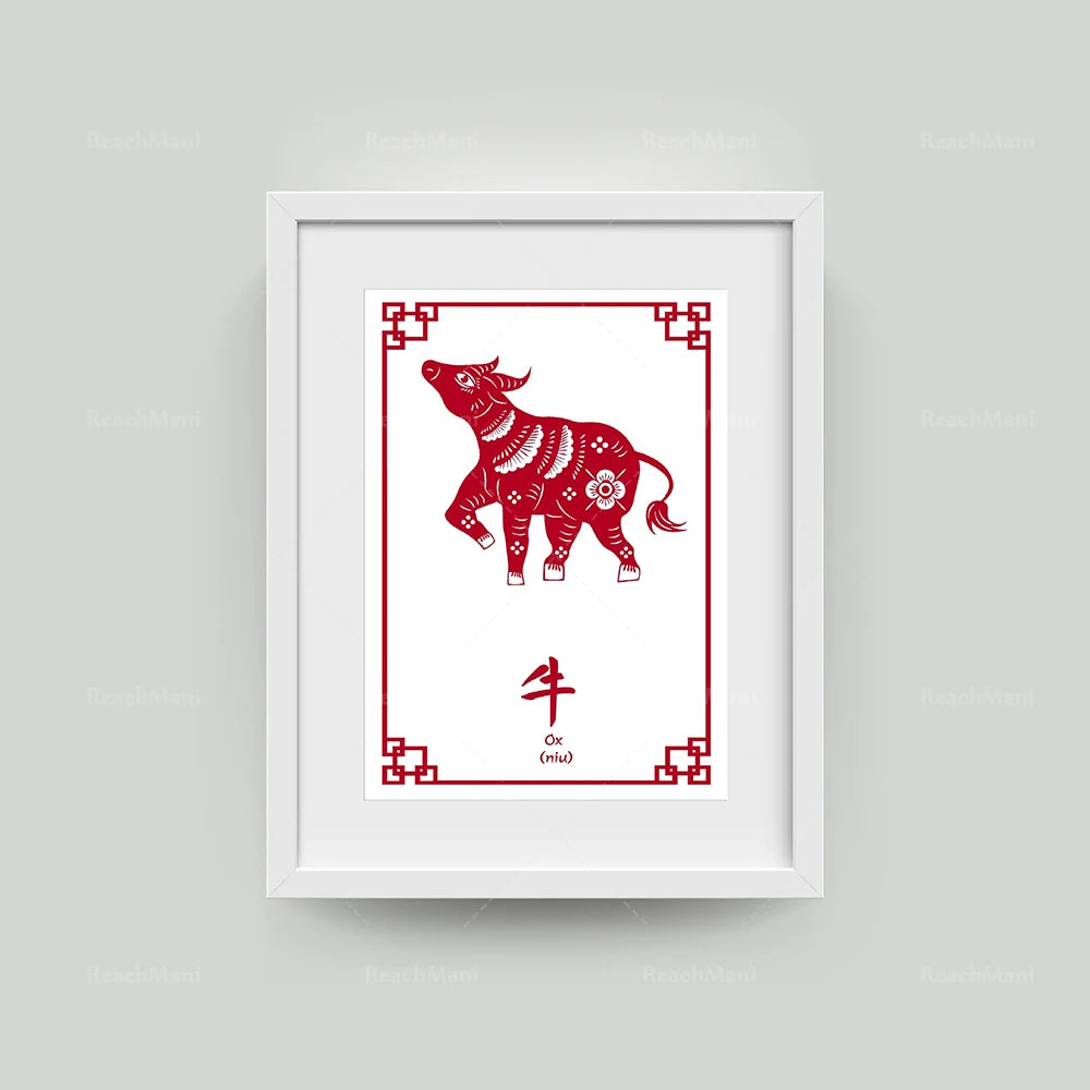 Illustration de l'animal du zodiaque chinois, le bœuf, avec des motifs traditionnels rouges.