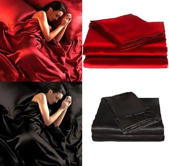ensemble literie satiné rouge foncé noir luxueux drap housse drap plat taies oreiller lisses