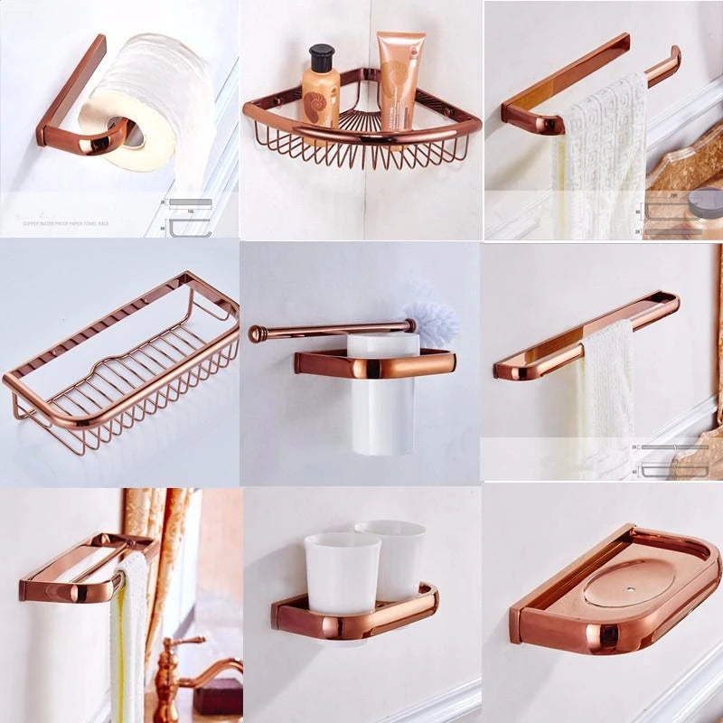 ensemble d'accessoires salle bains moderne or rose porte serviettes barres horizontales porte savon barre