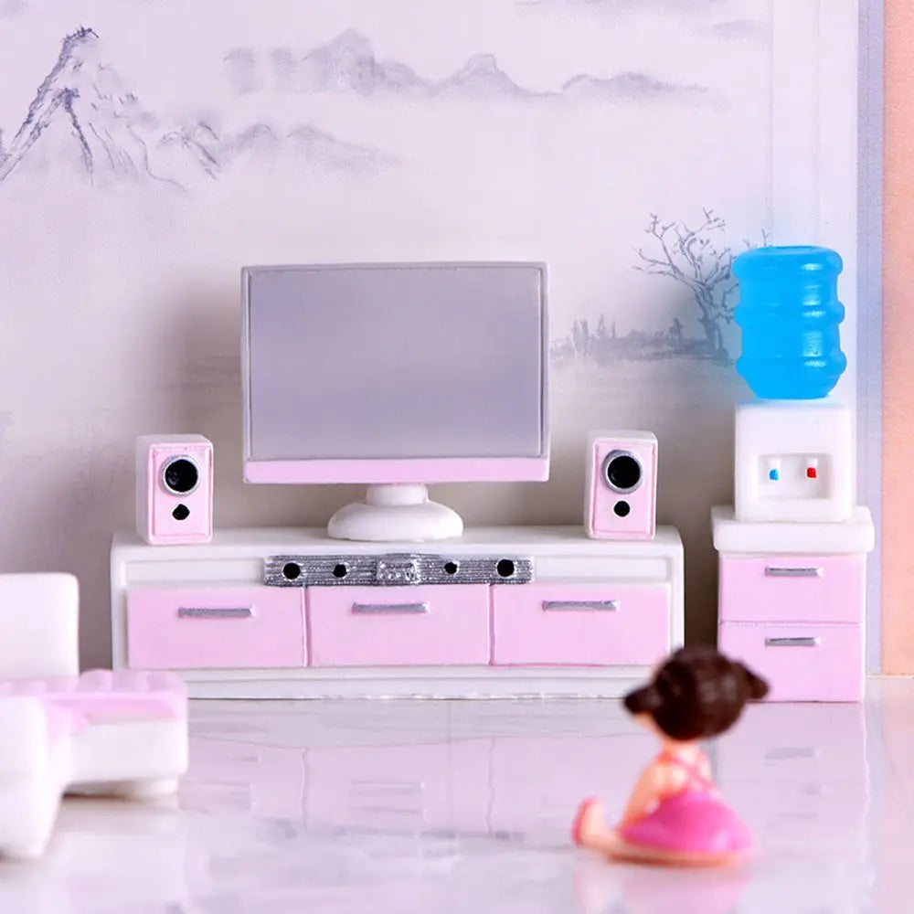 meubles miniatures poupées rose blanc modernes armoire frigo lave linge micro ondes téléviseur commode