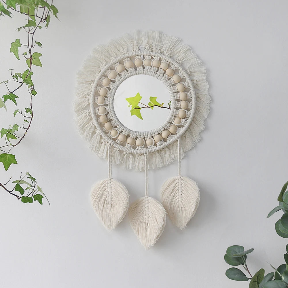 miroir décoratif boho blanc beige macramé franges artisanal